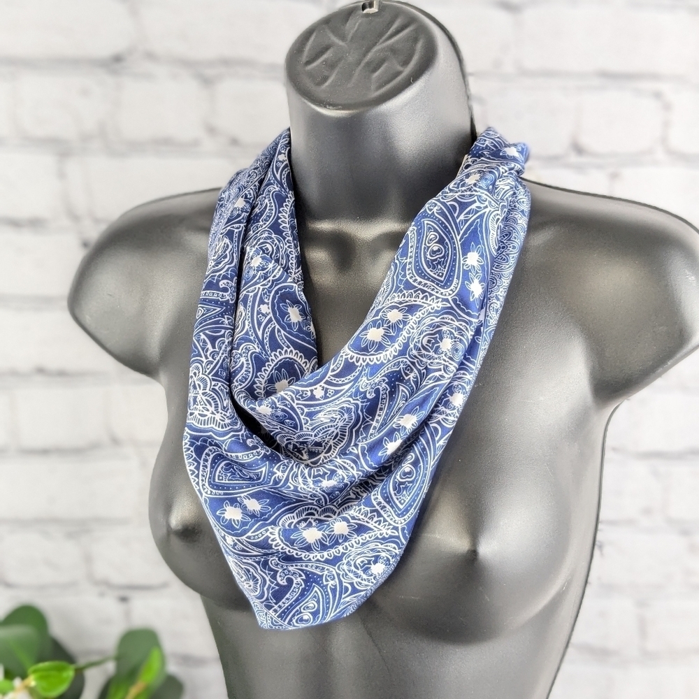 Blue and white paisley print polyester silky scarf, head wrap, neckerchief - Picture 1 of 6